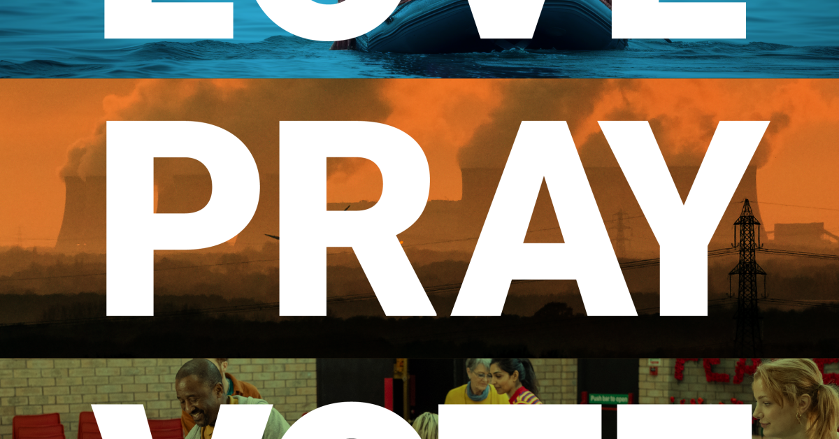 Love Pray Vote logo 3 Images - a refugee boat, smokey chimneys, and a foodbank