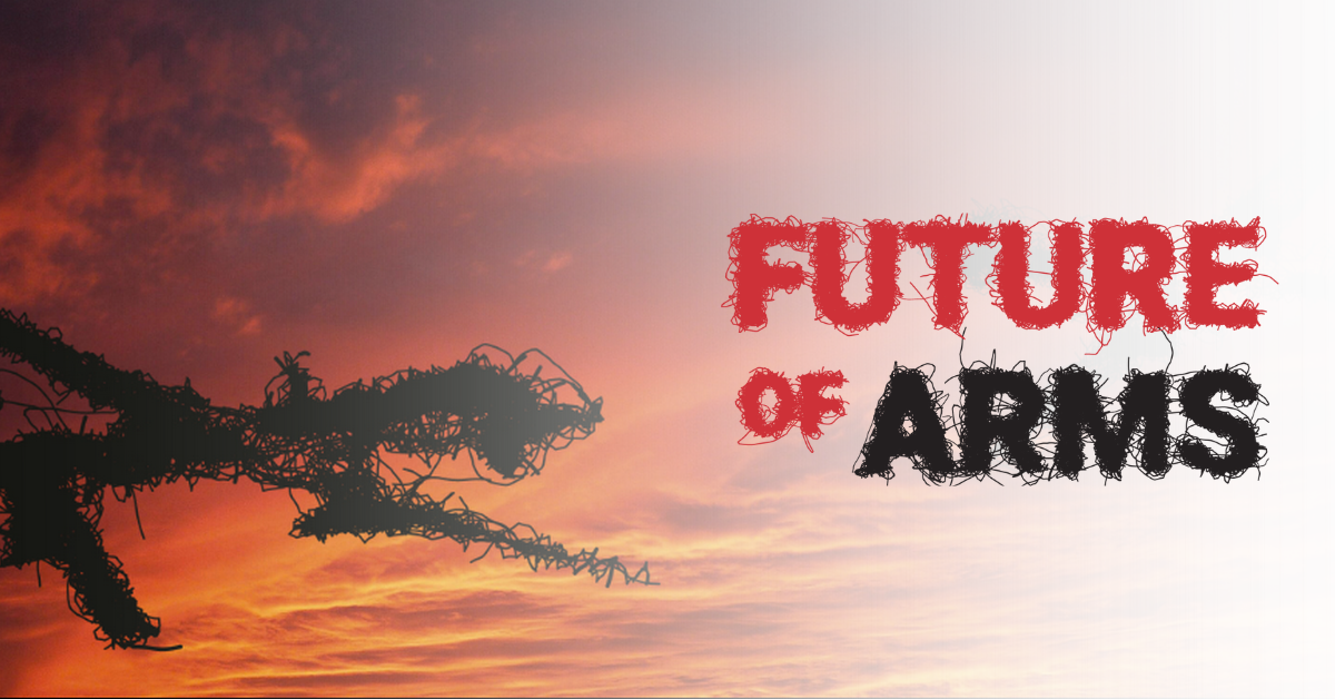 'FUTURE OF ARMS' logo superimposed on a sunrise or sunset sky with wiry sketches of two autonomous military aircraft