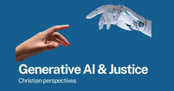 A human hand reaching out to a robot hand on a blue background. White text, 'Generative AI & Justice'