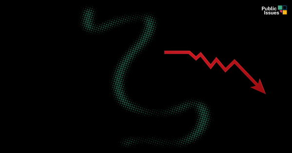 Graphic on a black background. A large teal question mark appears behind the text, and a red downward-trending arrow points diagonally downwards across the right side of the image. The Public Issues logo is displayed in the top-right corner.